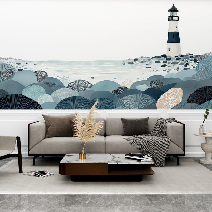 Un salon moderne avec un papier peint illustrant un phare sur fond marin, aux teintes de bleu et beige, créant une atmosphère apaisante et inspirante.