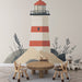 Papier peint phare côtier avec phare stylisé sur fond doux et apaisant pour chambre d'enfant.