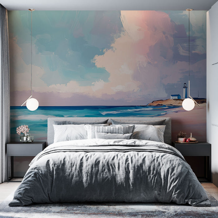 Une chambre moderne avec un papier peint représentant un paysage marin apaisant, aux teintes douces de bleu et rose, évoquant sérénité et évasion.