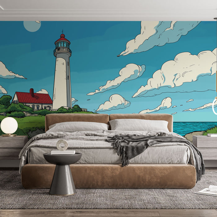 Papier peint mural avec phare côtier et plage pour chambre à coucher moderne.
