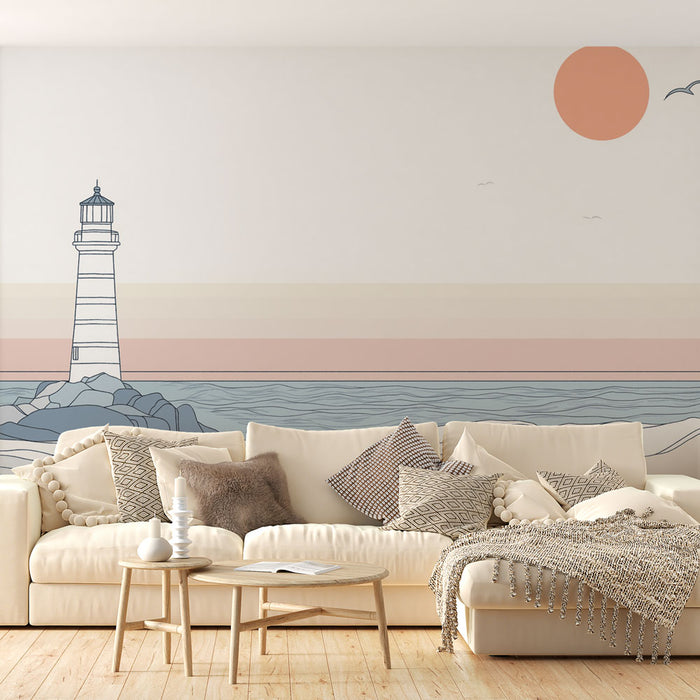 Papier peint phare | Design minimaliste d'un phare sur la mer au coucher du soleil