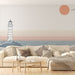 Papier peint design minimaliste avec phare sur la mer au coucher du soleil pour salon moderne