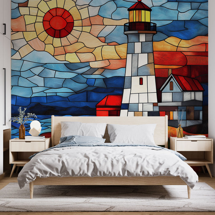 Papier peint design vitrail avec phare et soleil éclatant pour chambre moderne