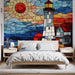 Papier peint design vitrail avec phare et soleil éclatant pour chambre moderne