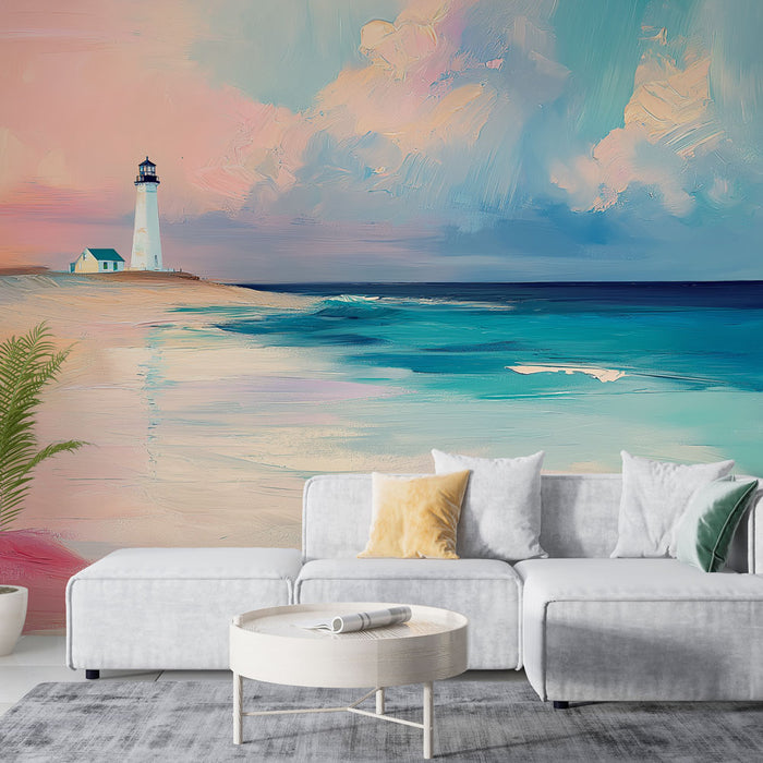 Une pièce lumineuse avec un papier peint représentant un phare sur une plage aux teintes pastel évoquant une ambiance sereine et estivale.