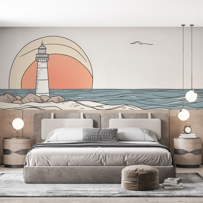 Papier peint phare | Illustration de phare au coucher de soleil