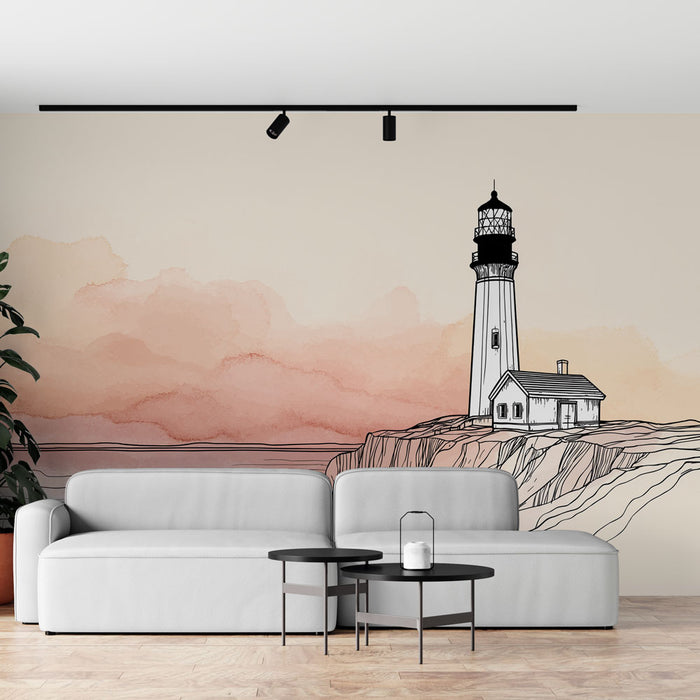 Un salon moderne avec un papier peint illustrant un phare en noir et blanc sur un fond dégradé de couleurs douces évoquant une ambiance sereine et contemplative.