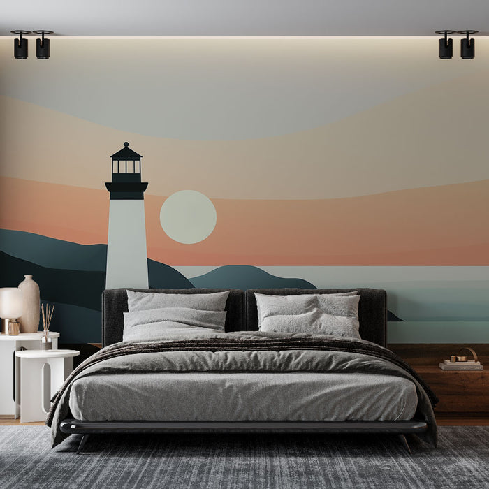 Papier peint phare | Illustration moderne d'un phare au coucher du soleil