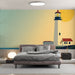 Papier peint mural avec illustration stylisée de phare au bord de l'eau pour chambre moderne.