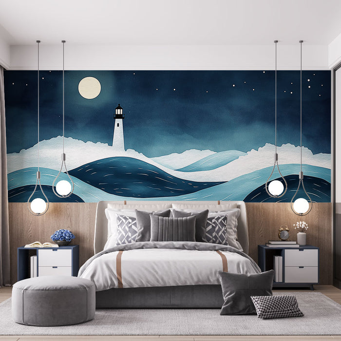Papier peint paysage nocturne avec phare et vagues stylisées pour chambre moderne
