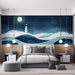 Papier peint paysage nocturne avec phare et vagues stylisées pour chambre moderne