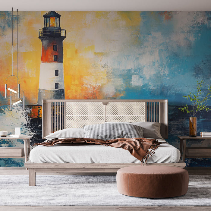 Papier peint marin avec phare emblématique sur fond océanique vibrant pour chambre moderne
