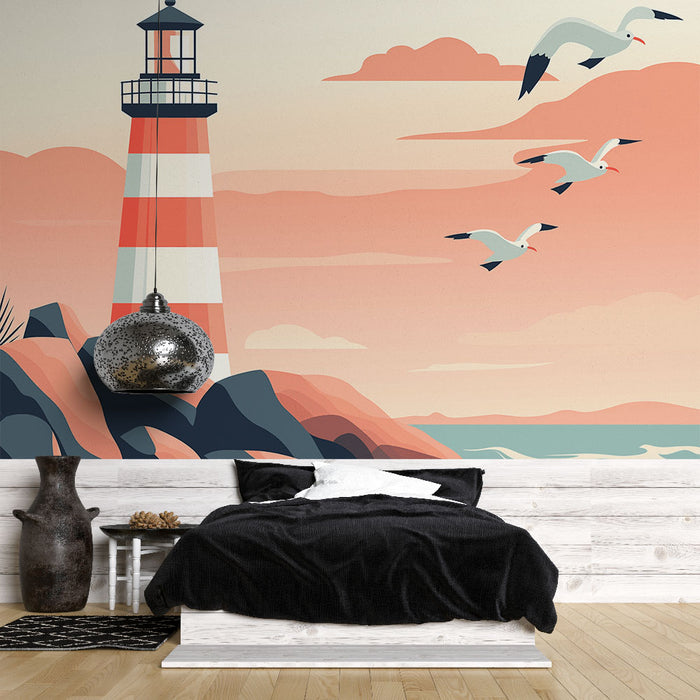 Papier peint marin avec phare emblématique et mouettes sur fond pastel pour décoration de chambre bord de mer