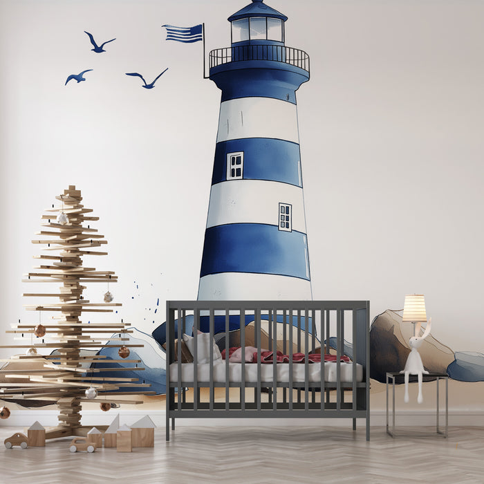 Papier peint chambre enfant avec phare maritime bleu et blanc entouré de rochers et oiseaux.