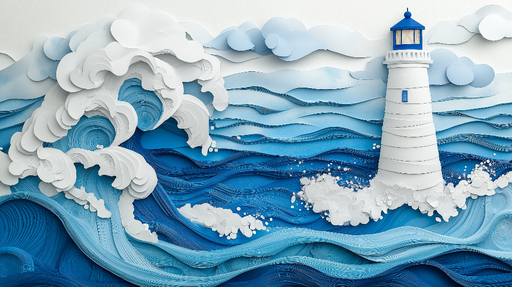 Papier peint phare maritime Vagues en papiers découpés et phare bleu