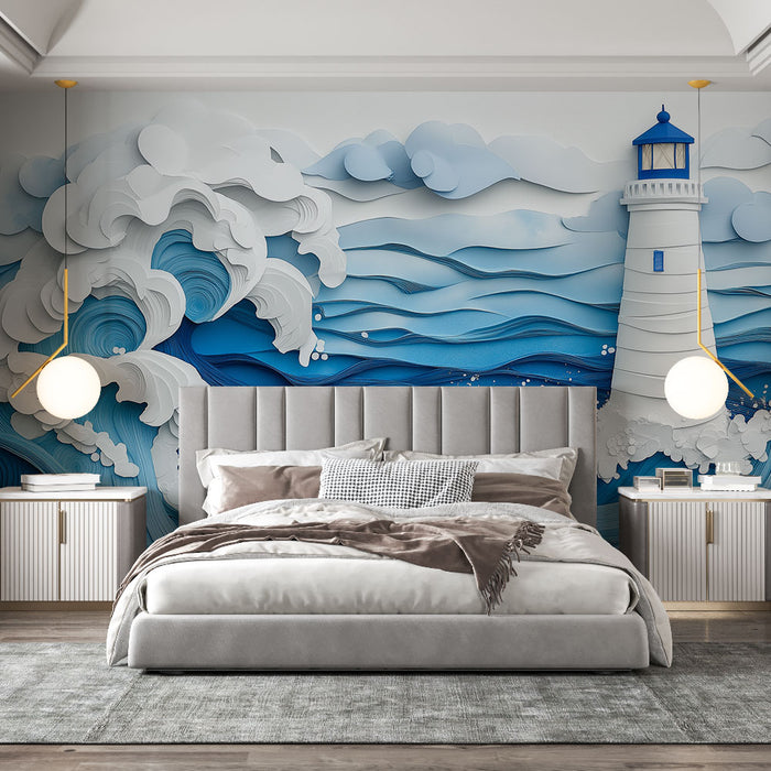 Papier peint mural avec vagues en papier découpé et phare bleu pour chambre moderne