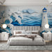 Papier peint mural avec vagues en papier découpé et phare bleu pour chambre moderne