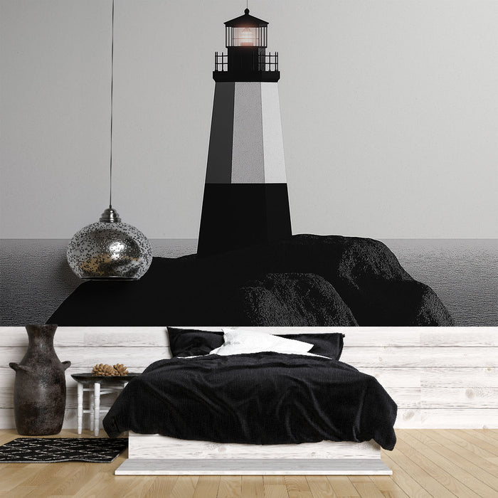 Papier peint minimaliste avec phare noir et blanc sur fond marin pour chambre moderne