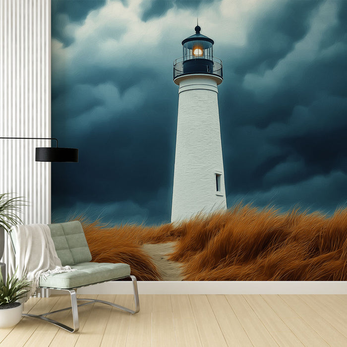 Papier peint mural avec phare blanc illuminé sous un ciel nuageux pour décoration de salon moderne.