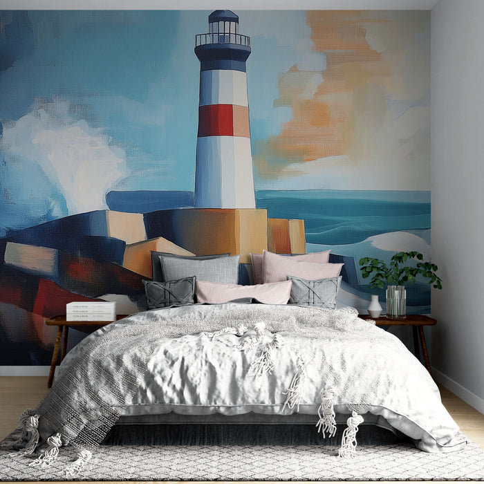 Papier peint mural avec phare coloré et vagues tumultueuses pour chambre moderne