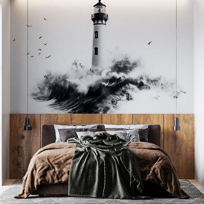 Papier peint mural avec phare emblématique et vagues tumultueuses pour chambre moderne.