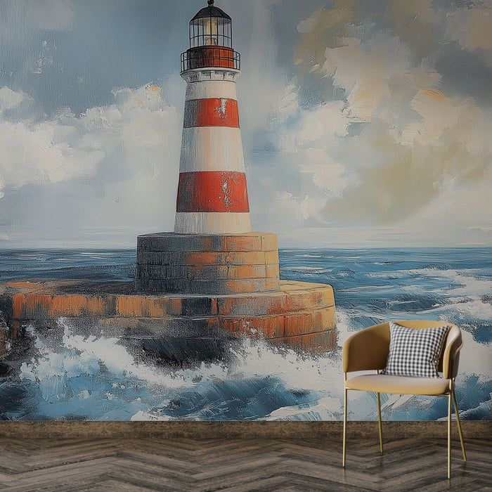 Papier peint marin avec phare emblématique sur côte maritime pour décoration murale élégante.