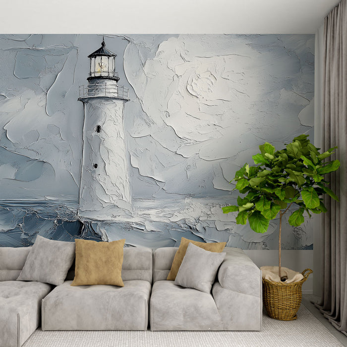 Papier peint mural avec phare illuminé en bord de mer dans des nuances de bleu pour salon moderne.