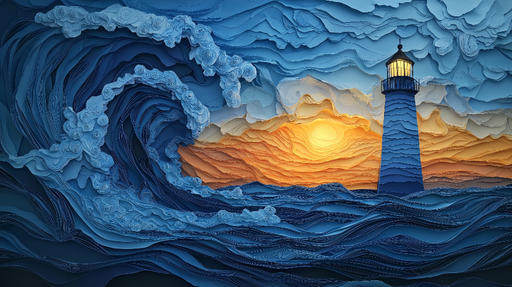 Papier peint phare Phare illuminé au coucher de soleil et vagues stylisées