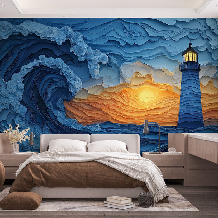 Papier peint phare | Phare illuminé au coucher de soleil et vagues stylisées