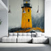 Papier peint paysage brumeux avec phare jaune pour salon moderne