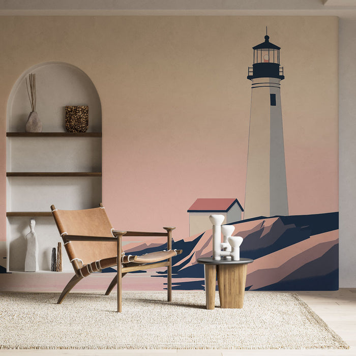 Papier peint mural avec phare majestueux sur une côte sereine pour salon moderne.