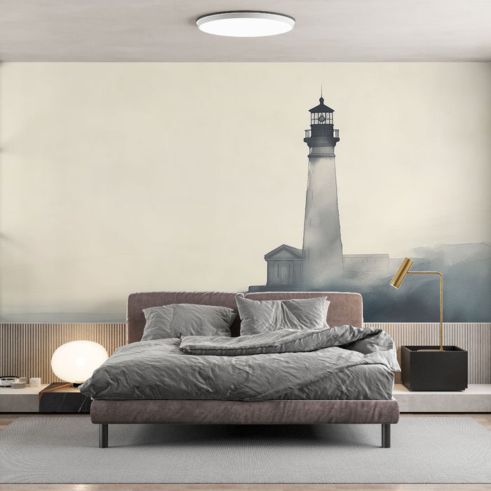 Papier peint minimaliste avec phare dans un paysage brumeux pour chambre moderne