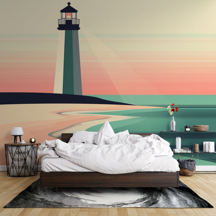 Papier peint mural avec phare stylisé sur plage sereine sous ciel pastel pour chambre moderne
