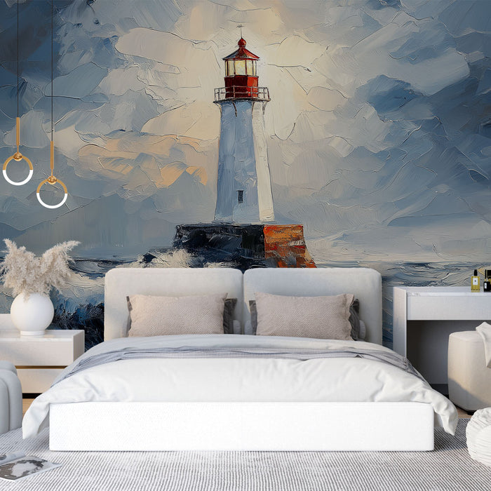 Papier peint maritime avec phare éclatant sur fond dramatique pour chambre moderne