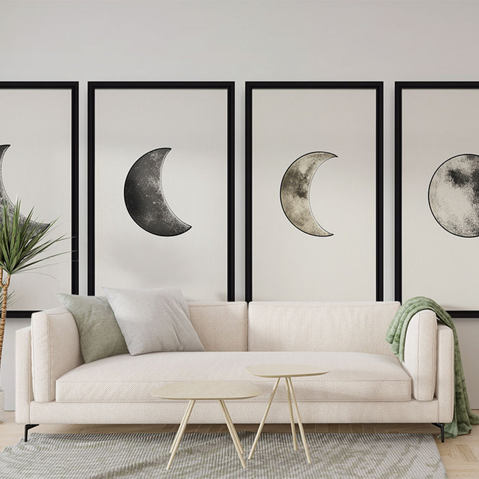 Un salon contemporain avec un papier peint illustrant des phases de lune en noir et blanc, créant une atmosphère apaisante et artistique.