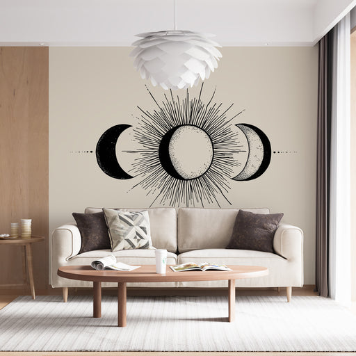 Un salon moderne avec un papier peint représentant des phases de la lune en noir sur fond beige, créant une atmosphère artistique et apaisante.