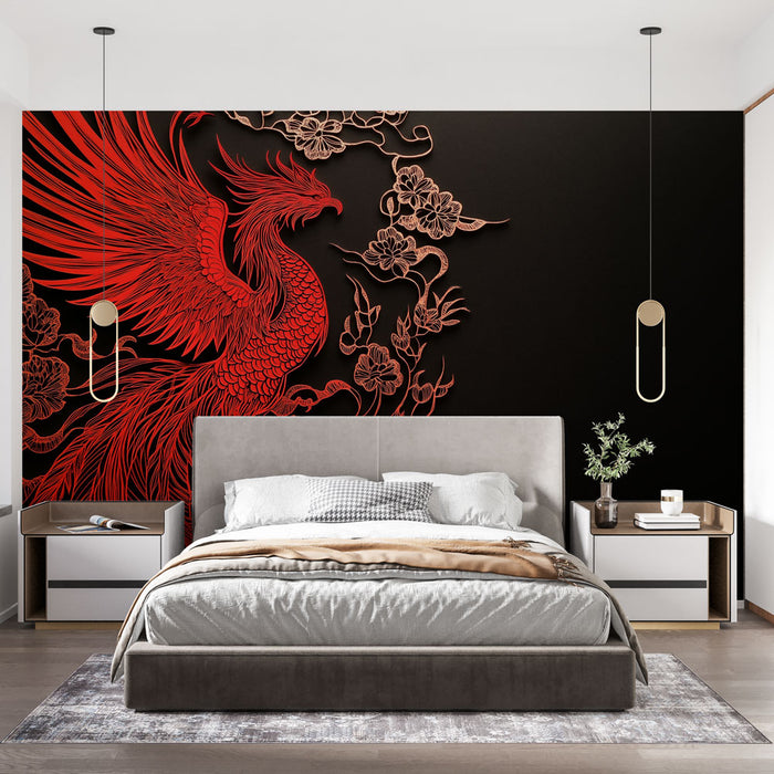 Papier peint élégant avec phénix rouge entouré de fleurs sur fond noir pour chambre moderne