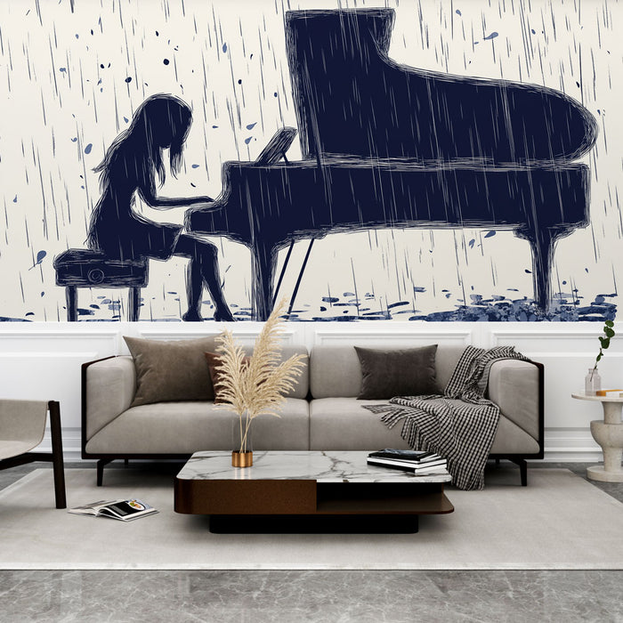 Papier peint piano sous la pluie | Illustration poétique d'une musicienne au piano