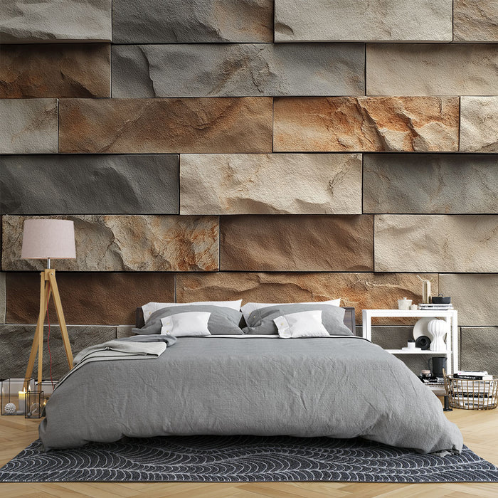 Une chambre moderne avec un papier peint imitant des murs en pierre aux teintes chaleureuses de beige, marron et gris, créant une atmosphère naturelle et apaisante.