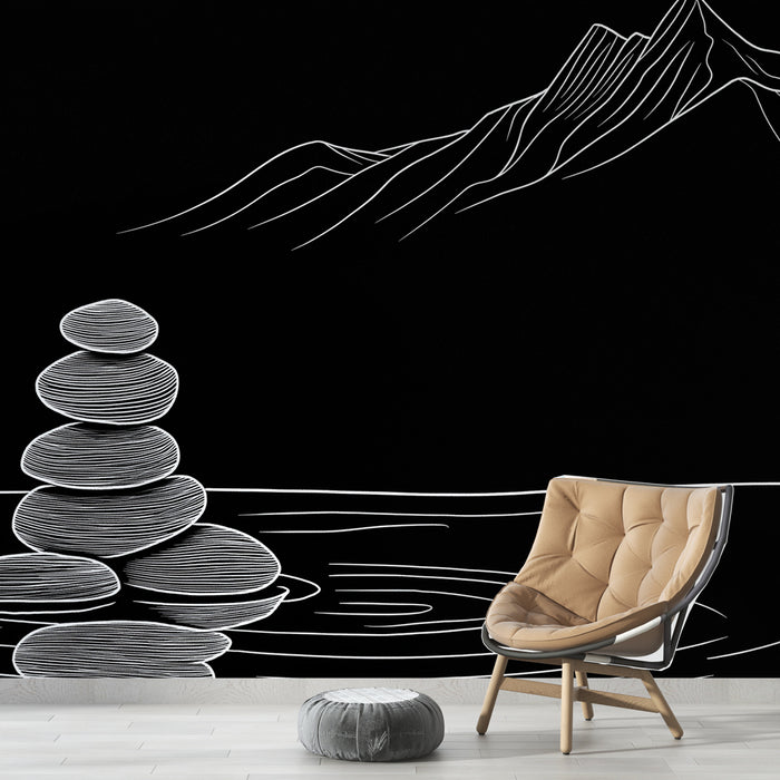Une pièce moderne avec un papier peint noir illustrant des pierres empilées et des montagnes en lignes blanches, créant une atmosphère zen et apaisante.