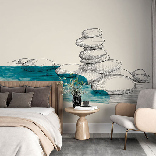 Une chambre apaisante avec un papier peint illustrant des galets stylisés en noir et turquoise, évoquant une ambiance zen et naturelle.