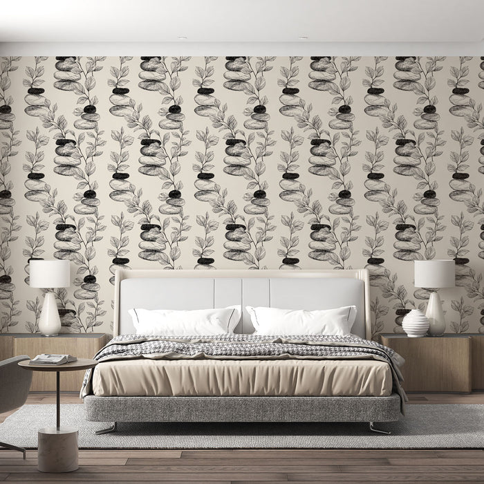 Une chambre moderne avec un papier peint illustrant des pierres empilées et des feuilles en noir sur fond beige, créant une atmosphère zen et apaisante.