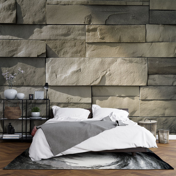 Une chambre moderne avec un papier peint imitant des plaques de pierre aux teintes grises et beige, créant une atmosphère chaleureuse et naturelle.
