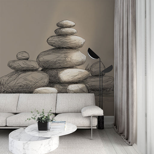 Un salon contemporain avec un papier peint représentant des pierres empilées en esquisse sur un fond beige, créant une atmosphère zen et apaisante.