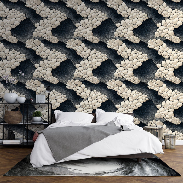 Une chambre moderne avec un papier peint texturé aux motifs de pierres claires sur fond sombre, créant une ambiance à la fois élégante et apaisante.
