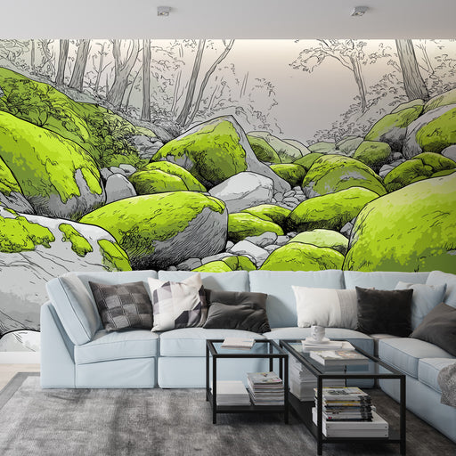 Un salon moderne avec un papier peint illustrant des rochers recouverts de mousse verte, créant une atmosphère naturelle et apaisante.