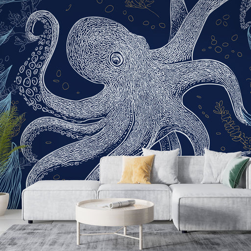 Un salon moderne avec un papier peint représentant un poulpe stylisé en blanc sur fond bleu marine, créant une ambiance marine et artistique.