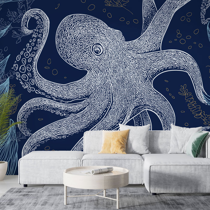 Un salon moderne avec un papier peint représentant un poulpe stylisé en blanc sur fond bleu marine, créant une ambiance marine et artistique.