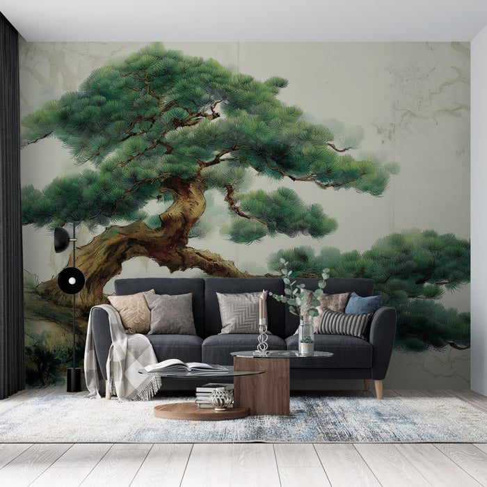 Un salon contemporain avec un papier peint représentant un majestueux pin vert sur fond clair, créant une atmosphère apaisante et naturelle.