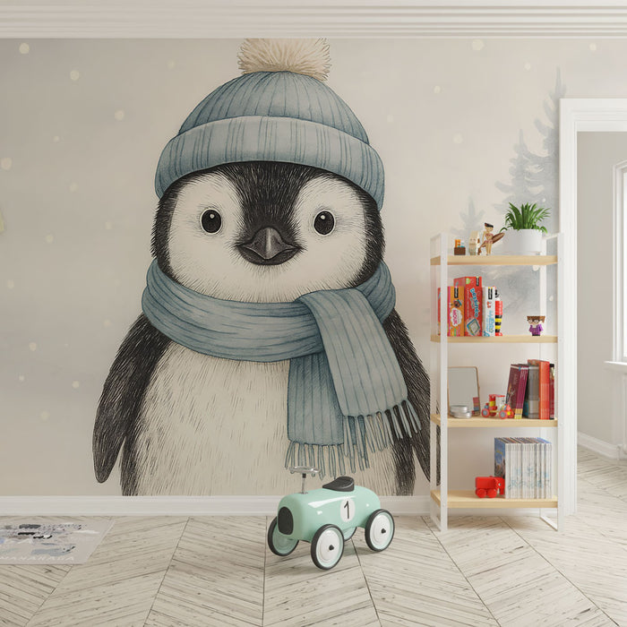 Une chambre d'enfant avec un papier peint illustrant un pingouin souriant portant un bonnet et une écharpe bleus, créant une ambiance chaleureuse et ludique.